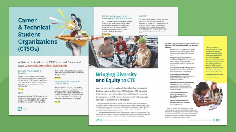 Images talking about CTSOs and DEI in CTE in the We Are Teachers Career and Technical Education guide